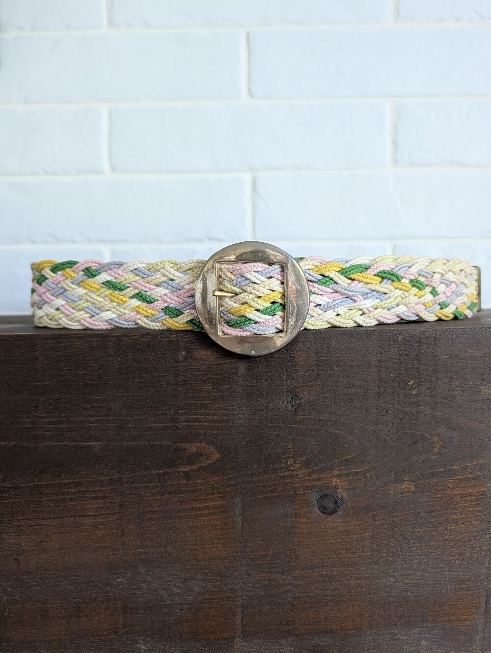 Vintage Woven Belt With Heavy Metal Buckle And Tip Multicolour Yellow Pink